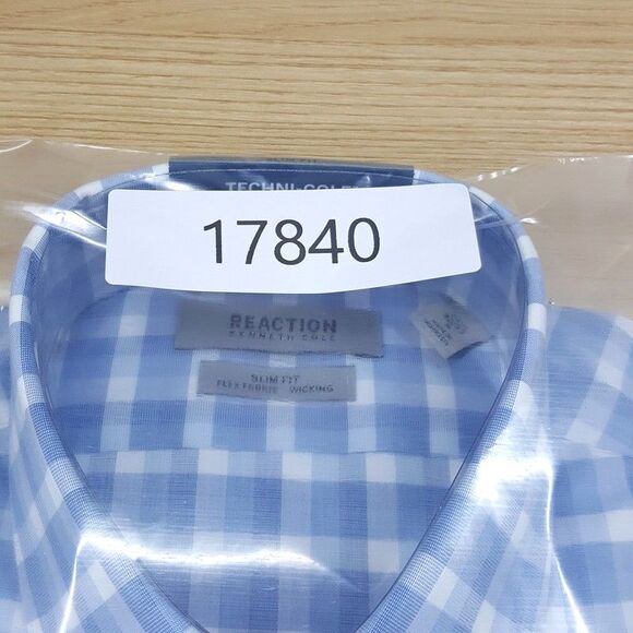 KENNETH COLE REACTION Shirt Mens Size 14.5 32 33 Blue Check Slim Fit Flex Fabric - Picture 4 of 4